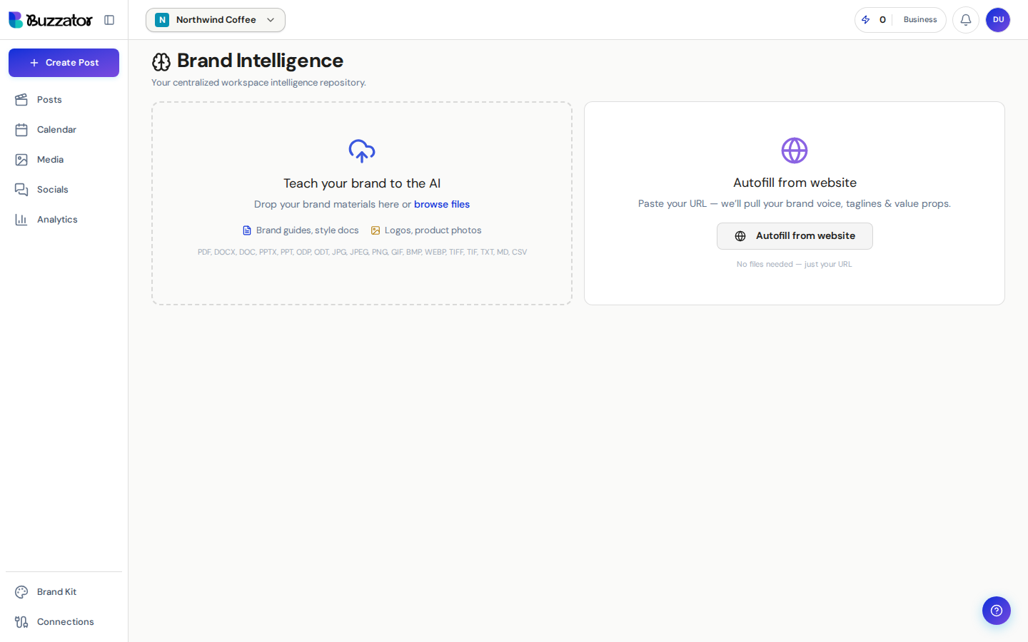 The Brand Intelligence screen used to teach the AI about your business.