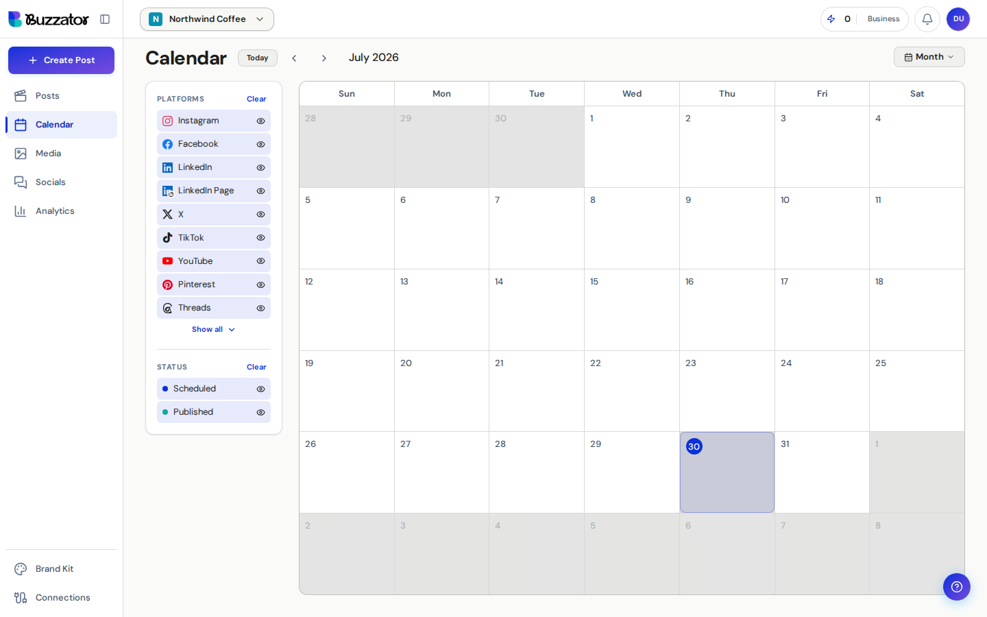 The Calendar view showing scheduled posts laid out by day.