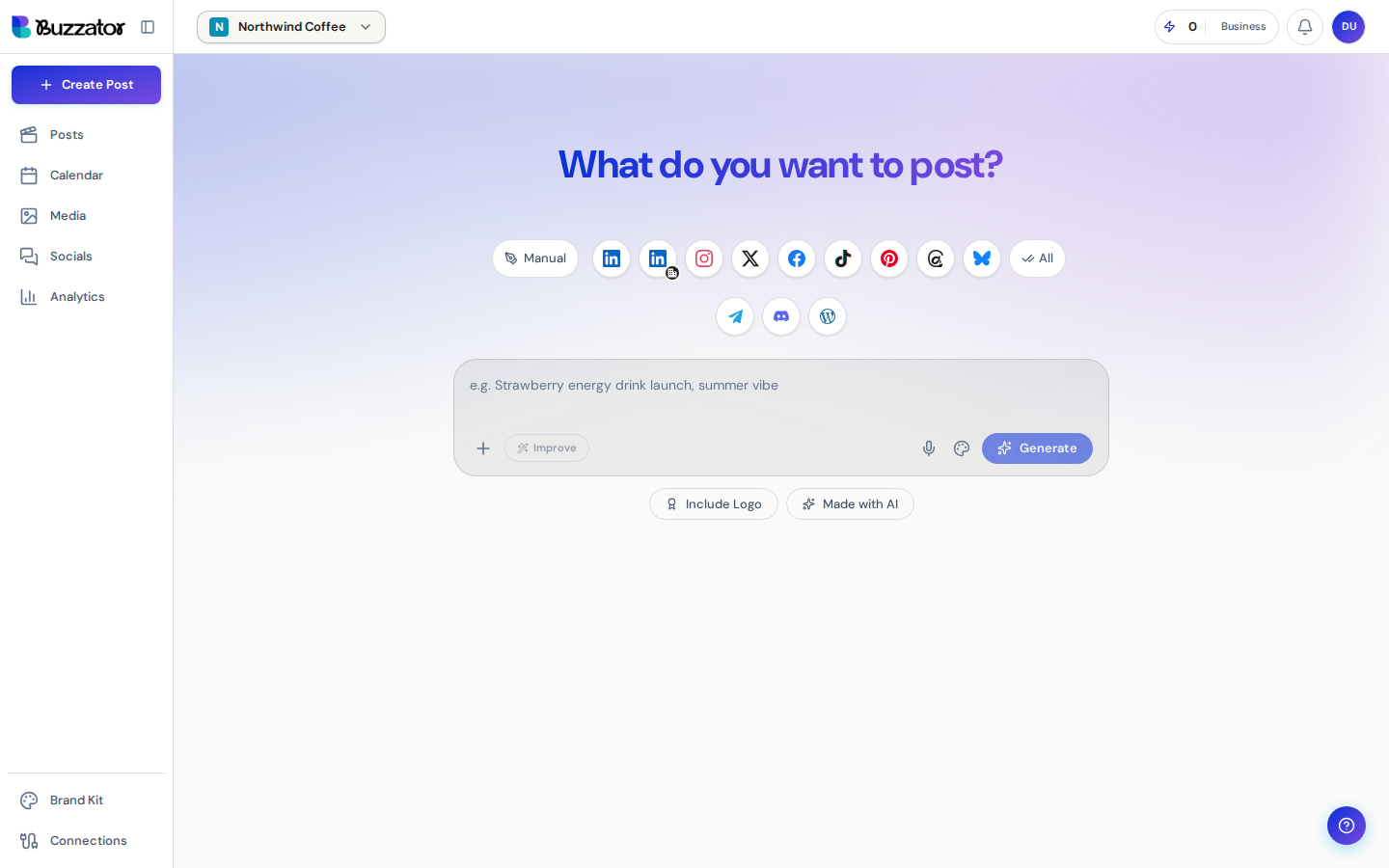 The AI Composer landing screen with the platform picker and the prompt box.