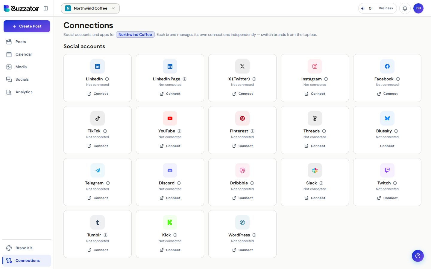 The Connections screen listing each social platform and its connection state.