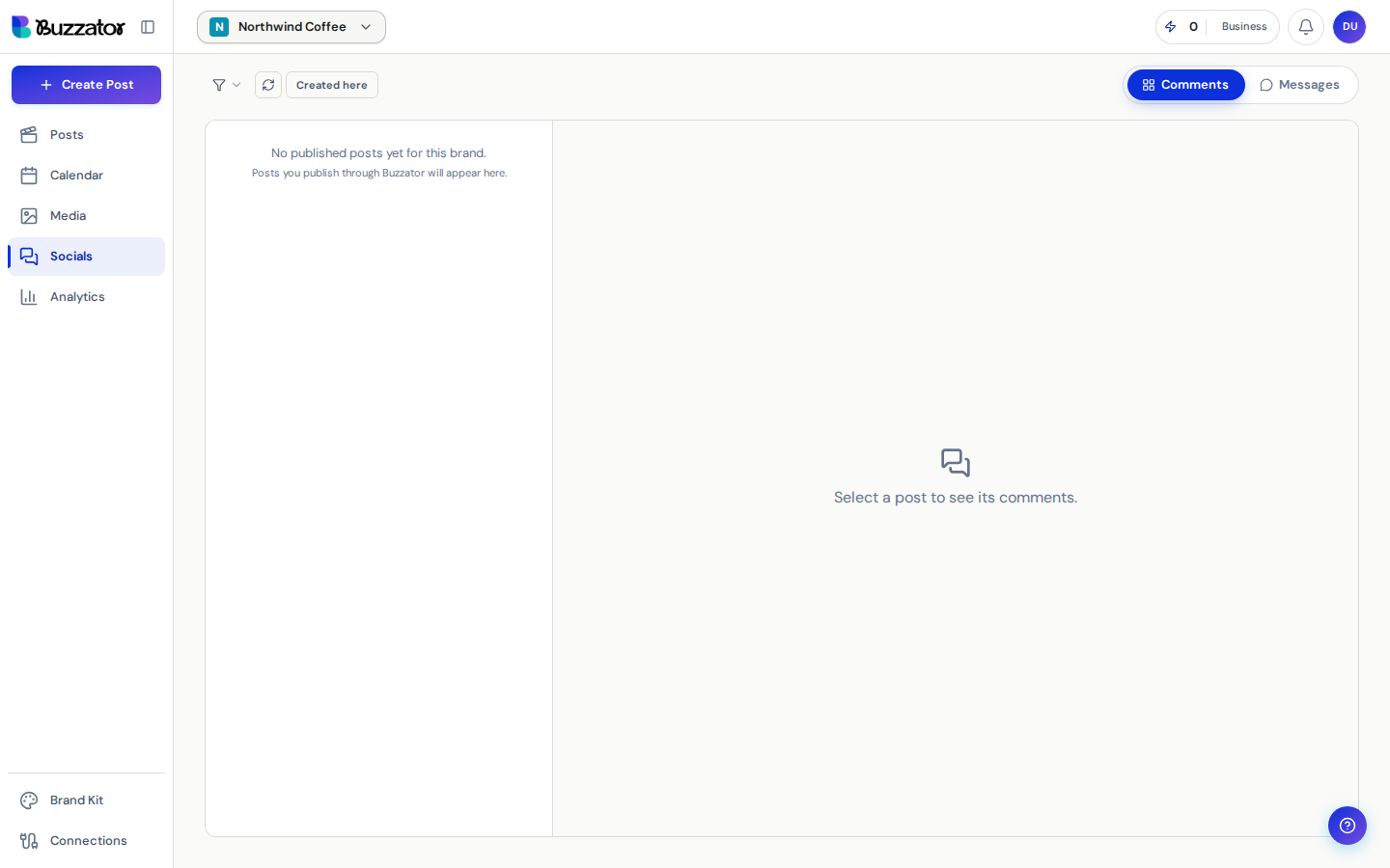 The unified Inbox showing the Comments and DMs tabs.