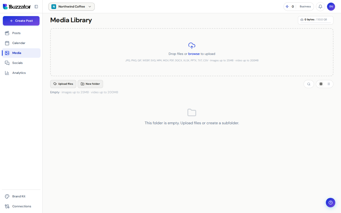 The Media Library grid of uploaded images and videos.
