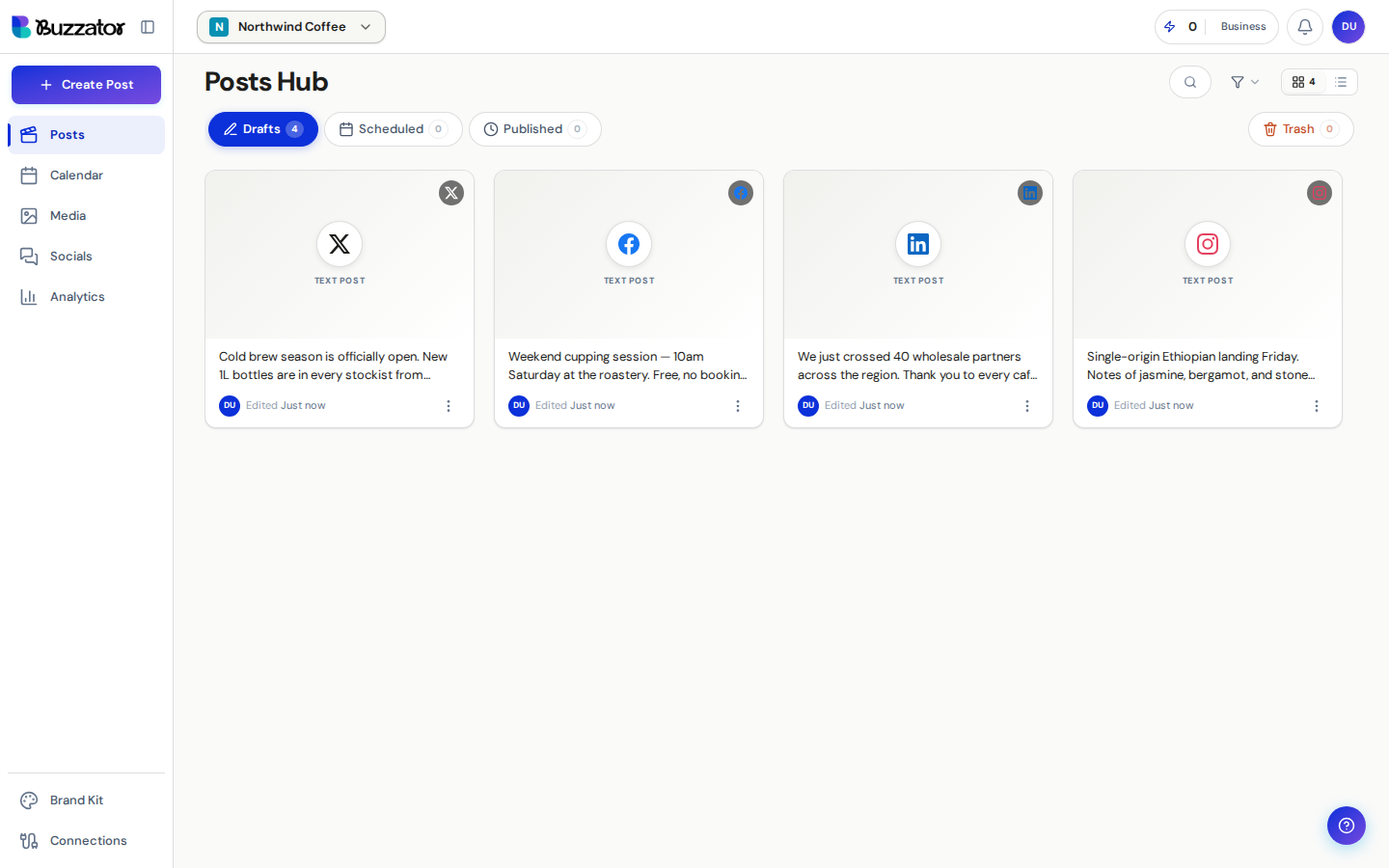 The Posts Hub grid, showing the Drafts tab with four draft posts across X, Facebook, LinkedIn and Instagram.